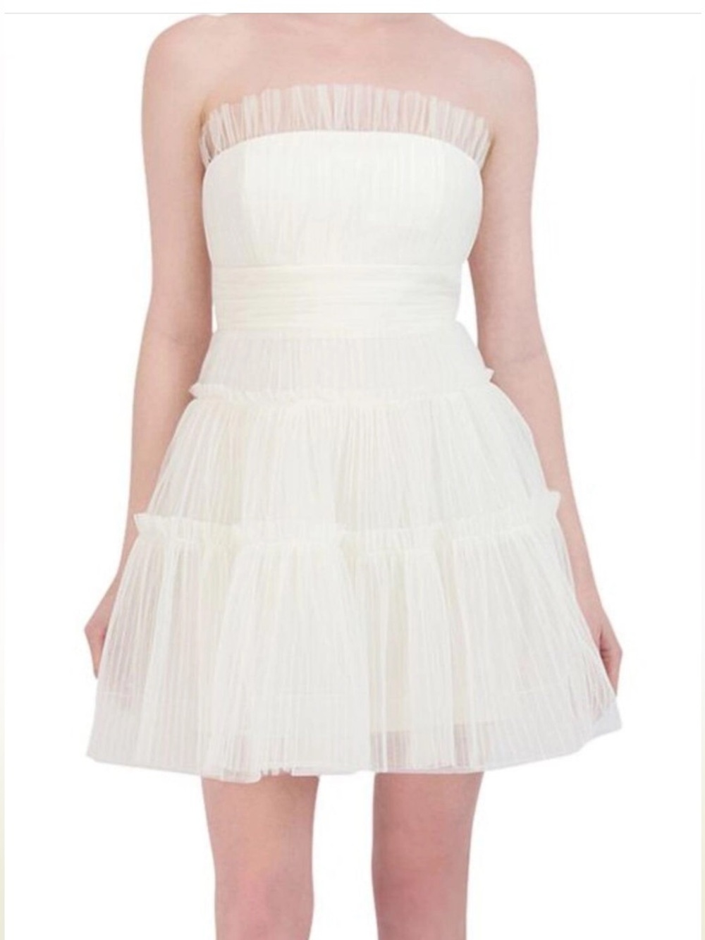 Strapless Tiered Tulle Mini Dress in White